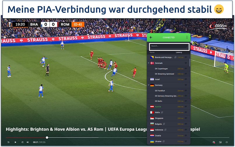 screenshot showing europa league highlights playing on servus tv with pia connected to the austria server