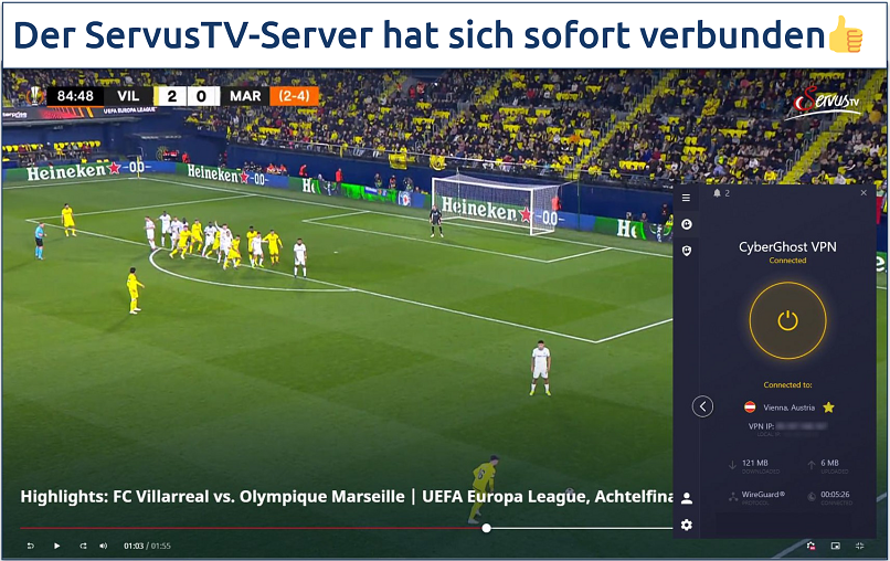 screenshot showing a europa league match playing on servus tv with cyberghost connected to the servus tv server