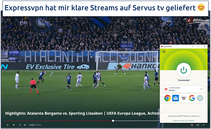 screenshot showing a europa league match playing on servus tv with expressvpn connected to the austria server