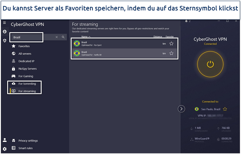 A screenshot of CyberGhost's Windows app with its Brazil streaming servers.
