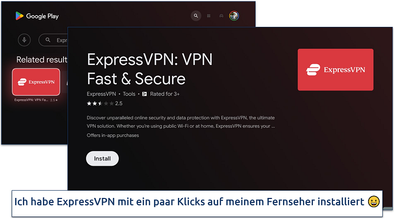 Screenshot of ExpressVPN's smart TV app in Google Play Store for Android TV