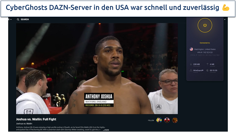 Screenshot of the CyberGhost app connected to the specialty DAZN US server while streaming an Anthony Joshua fight
