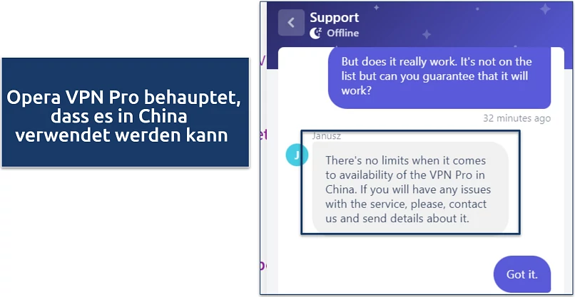 Screenshot of chat response where Opera VPN agent claims it can be used in China