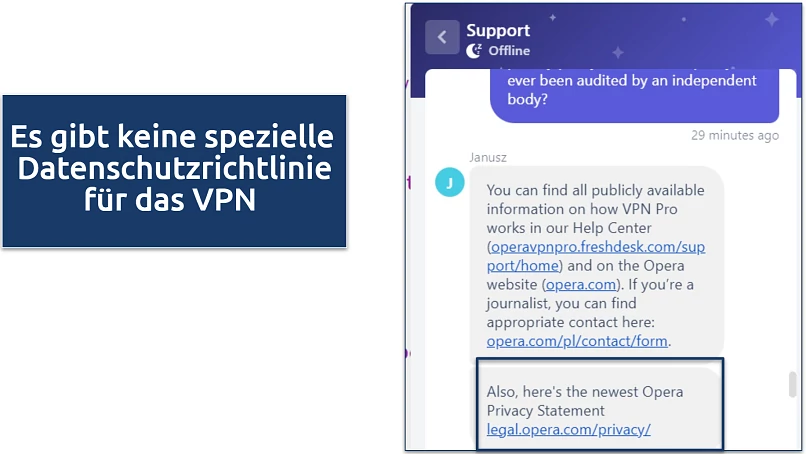 Screenshot of a chat response from Opera VPN Pro support
