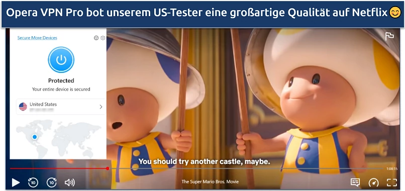 Screenshot of Netflix player streaming The Super Mario Bros Movie while connected to a US Opera VPN Pro server