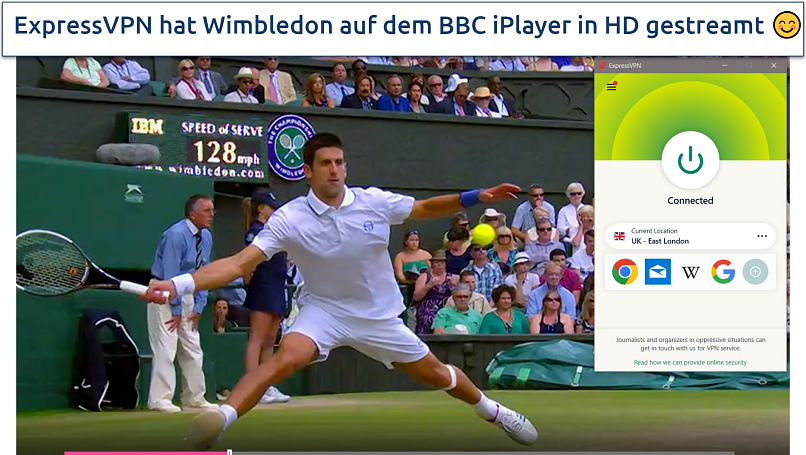 Screenshot of Wimbledon on BBC iPlayer, with ExpressVPN connected to a UK server