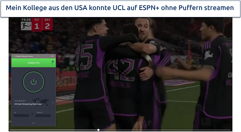 Screenshot of UCL on ESPN, with VPN connected to an US streaming server