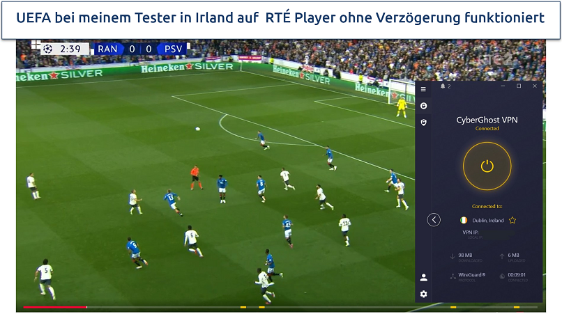 Screenshot of UEFA Champions League on RTÉ Player, with VPN connected to an Ireland server