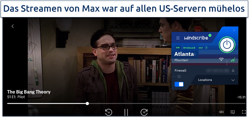 Screenshot of Max player streaming The Big Bang Theory while connected to an Windscribe Atlanta server