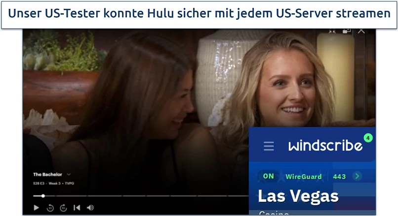 Screenshot of Hulu player streaming The Bachelor while connected to a Windscribe Las Vegas server