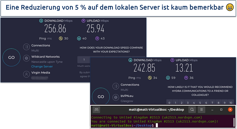 A screenshot of Ookla speed tests done while connected to NordVPN UK server and with no VPN connected