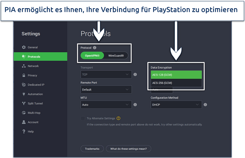 Screenshot showing how to adjust PIA's security settings