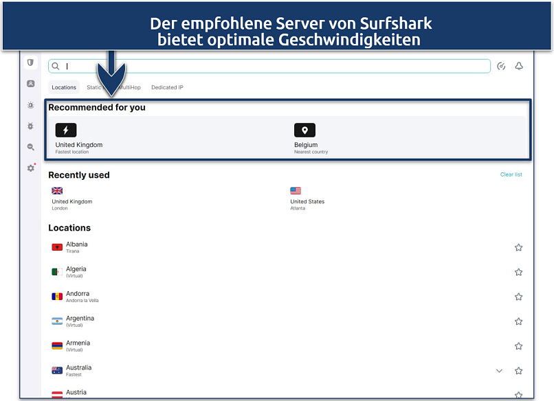 Screenshot of Surfshark's server list
