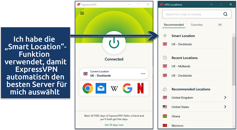 Screenshot of ExpressVPN's Windows app while connected to the UK