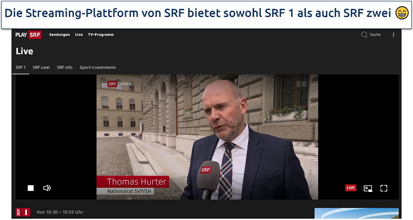 Screenshot of Play SRF streaming platform, with a live stream playing