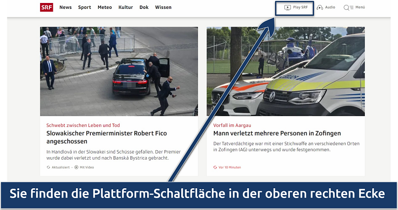 Screenshot of SRF website, with SRF streaming platform shown