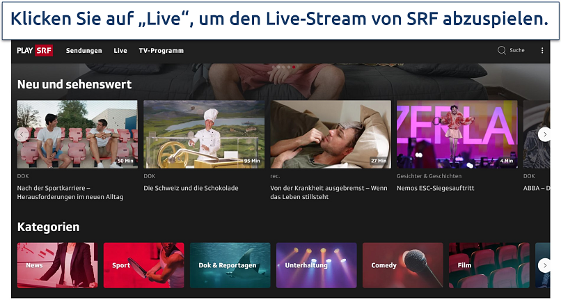 Screenshot of Play SRF streaming platform interface