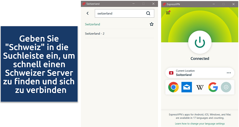 Screenshot of ExpressVPN app, showing Swiss servers and connected to a Switzerland server