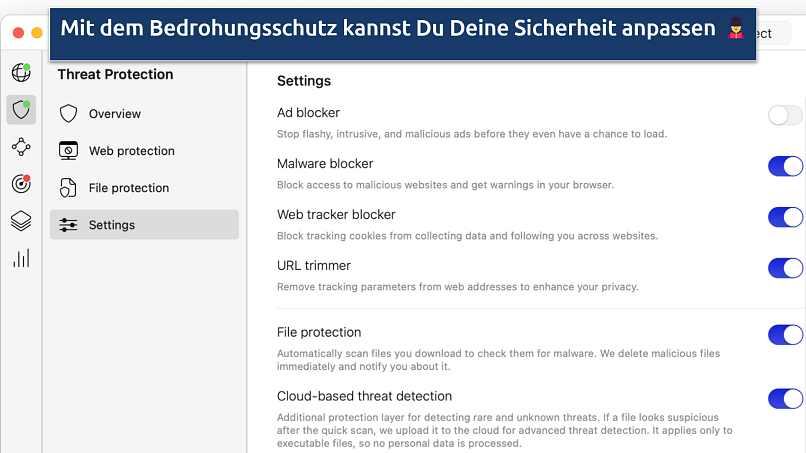 Screenshot of the NordVPN Settings panel with the customization options of Threat Protection