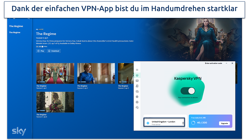 Screenshot of Kaspersky Secure Connection VPN Windows app connected to UK server while browsing Sky Go