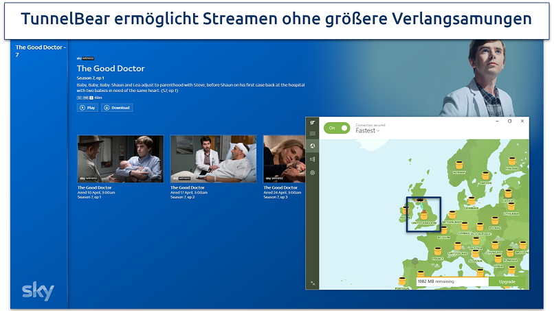 Screenshot of TunnelBear's Windows app connected to the UK server while browsing on the Sky Go app