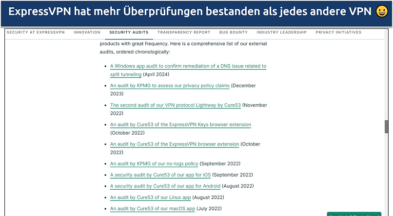 Screenshot of ExpressVPN's website showing its independent audits list