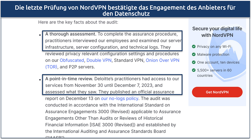 Screenshot of NordVPN's statement about its attest audit