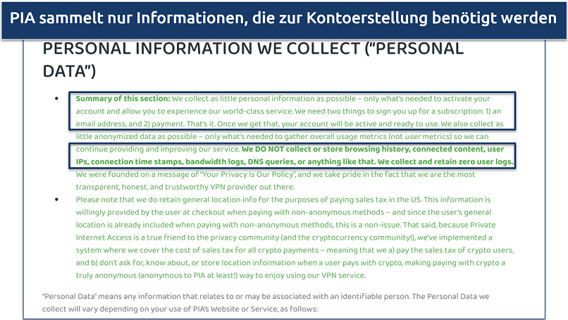 Screenshot of PIA's privacy policy highlighting the data it collects