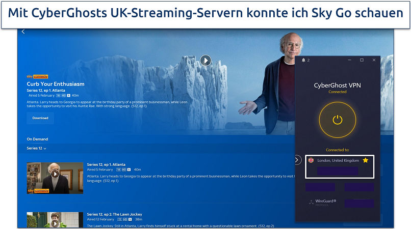 Screenshot of CyberGhost connected to London server on Sky Go