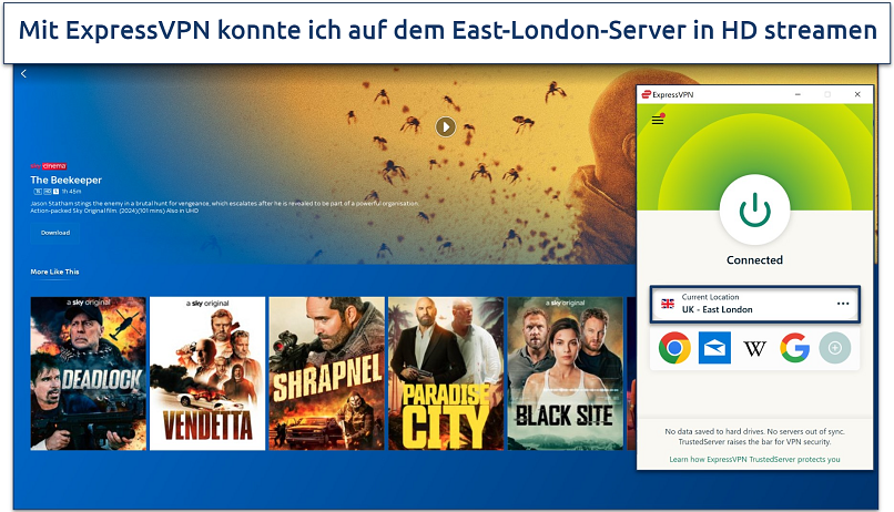 Screenshot of ExpressVPN on Sky Go with East London server