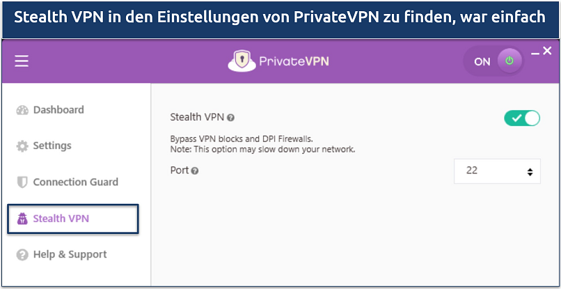 Screenshot of PrivateVPN's Stealth VPN feature