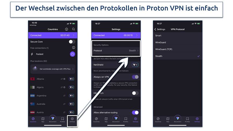 Screenshot of the VPN protocol list in the Proton VPN app