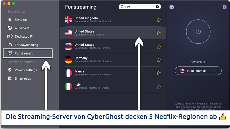 Screenshot showing the specialty Fire device servers on the CyberGhost app