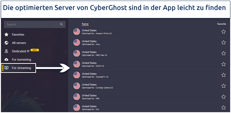  Screenshot von CyberGhosts optimierten Servern in der App