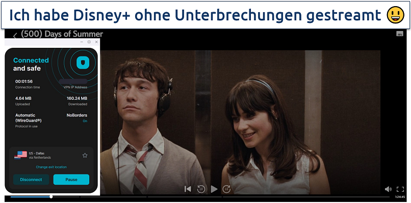 Screenshot of 500 days of summer on Disney+, with Surfshark connected to a Multihop US-Netherlands server