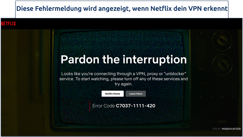 Screenshot der VPN-, Proxy- oder Unblocker-Fehlermeldung C7037-1111-420 von Netflix