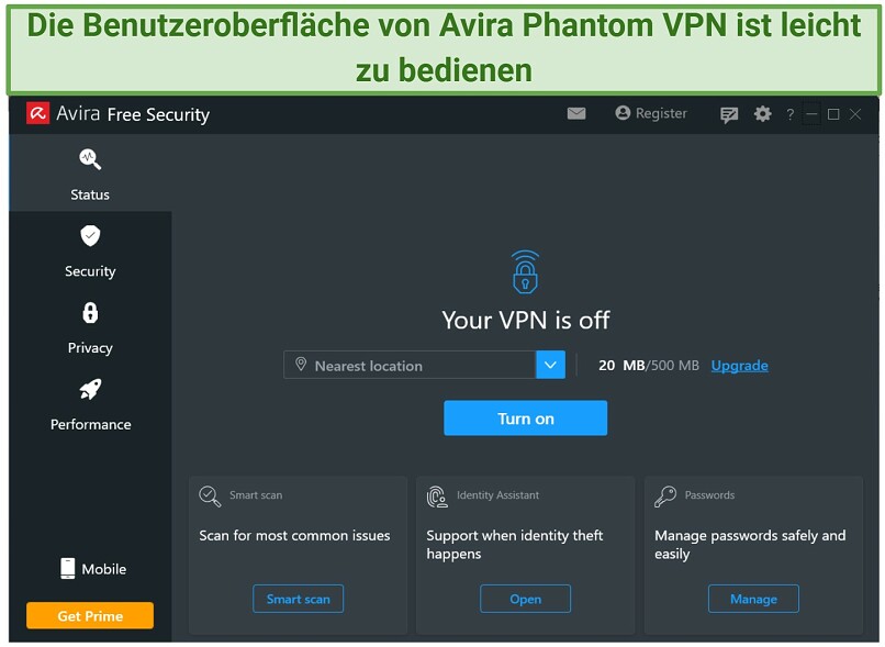 A screenshot of the Avira Phantom VPN simple user-interface