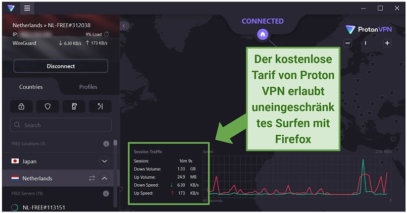 Screenshot der Benutzeroberfläche von Proton VPN