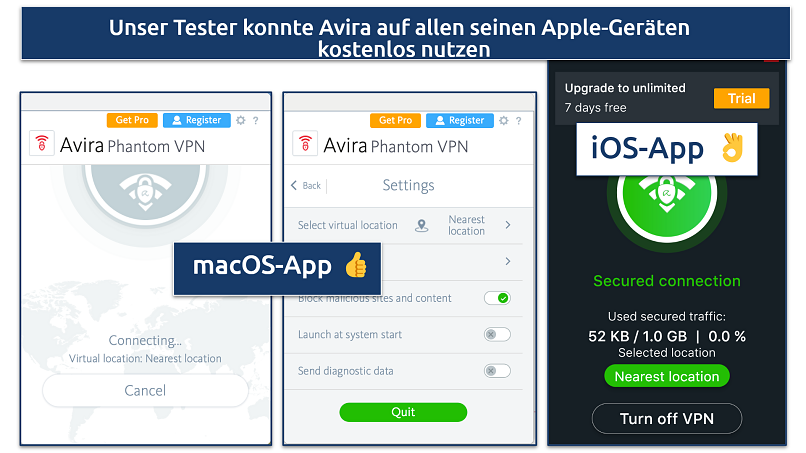 Screenshot of the Avira Phantom desktop app alongside the iOS app