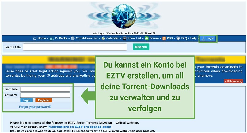 Screenshot der EZTV-Website