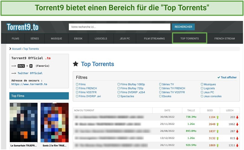 Screenshot der Torrent9-Website