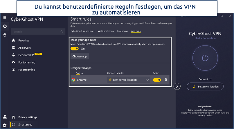 Screenshot of CyberGhost's Smart rules settings