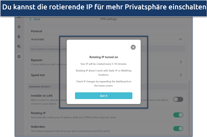 Screenshot of Surfshark's Rotating IP settings