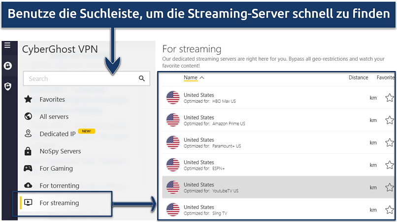 A screenshot showing CyberGhost offers specialized servers for streaming server