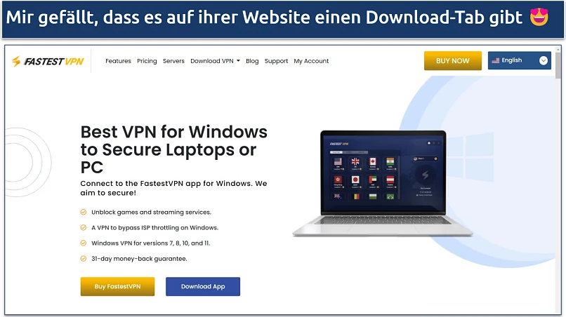 Screenshot der FastestVPN-Website mit Hervorhebung der Seite zum Herunterladen der Windows-App