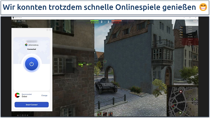Screenshot von World of Tanks, gespielt während der Verbindung mit dem FastestVPN-Server in Johannesburg