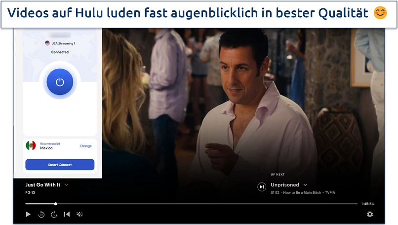 Screenshot des Hulu-Players, der Just Go With It streamt, während er mit dem US-Streaming-Server von FastestVPN verbunden ist