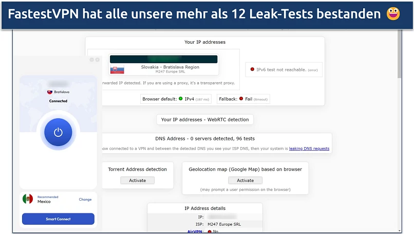 Screenshot eines durchgeführten Lecktests auf ipleak.net, während mit FastestVPNs Slowakei-Server verbunden