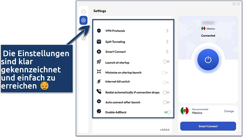 Screenshot der Windows-App von FastestVPN mit Hervorhebung der Einstellungen