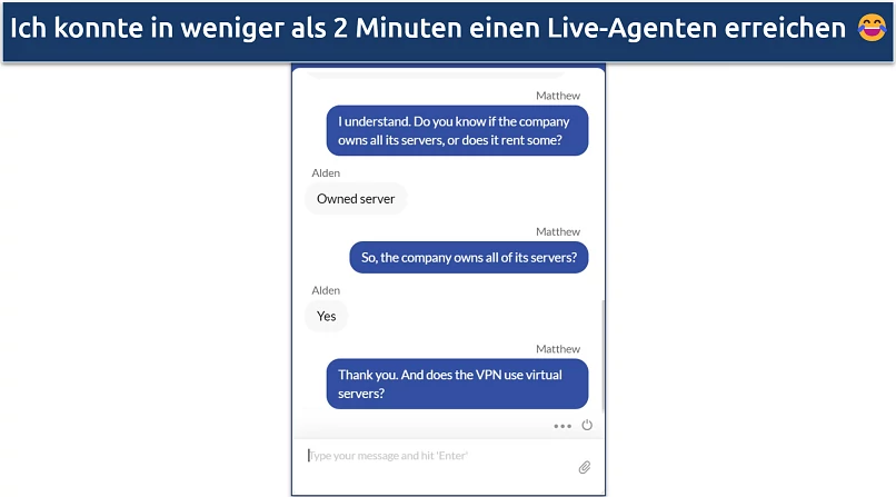 Screenshot eines Gesprächs mit dem Live-Support von FastestVPN, in dem bestätigt wird, dass alle Server eigen sind